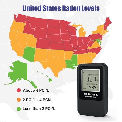LifeBasis Radon Detector, Radon Test for Home with Long and Short Term Radon Meter, Home Radon Gas Monitor US Version-pCi/L (Update Version, Matte Black) in Kuwait