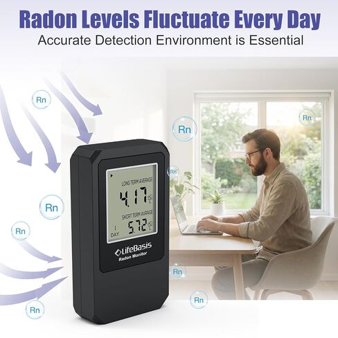 LifeBasis Radon Detector, Radon Test for Home with Long and Short Term Radon Meter, Home Radon Gas Monitor US Version-pCi/L (Update Version, Matte Black) in Kuwait
