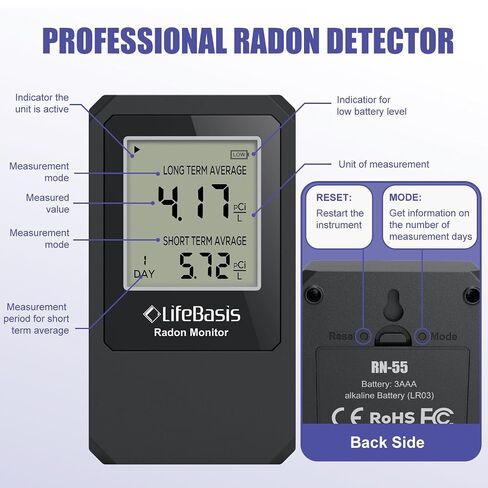 LifeBasis Radon Detector, Radon Test for Home with Long and Short Term Radon Meter, Home Radon Gas Monitor US Version-pCi/L (Update Version, Matte Black) in Kuwait