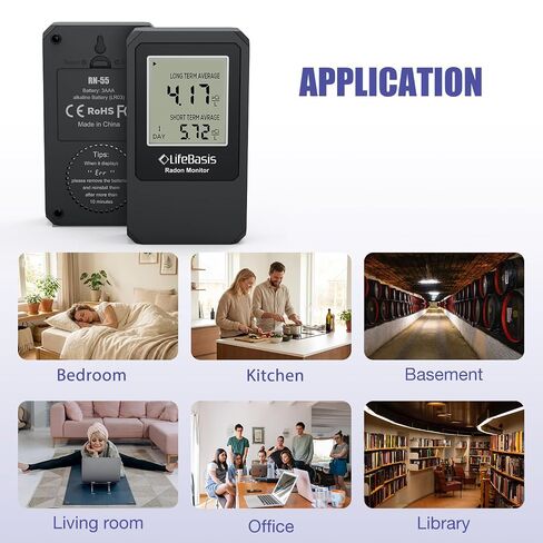LifeBasis Radon Detector, Radon Test for Home with Long and Short Term Radon Meter, Home Radon Gas Monitor US Version-pCi/L (Update Version, Matte Black) in Kuwait