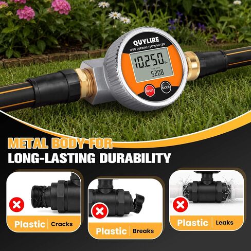 360° Water Flow Meter, Metal Flowmeter with 3/4" GHT Brass Connector for Garden Hose, RV, Pool, House, Lawn Sprinkler and Yard Watering, Supports Gallon, Liter, GPM, LPM, m³, QTS, PTS in Kuwait