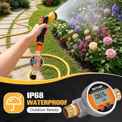 360° Water Flow Meter, Metal Flowmeter with 3/4" GHT Brass Connector for Garden Hose, RV, Pool, House, Lawn Sprinkler and Yard Watering, Supports Gallon, Liter, GPM, LPM, m³, QTS, PTS in Kuwait