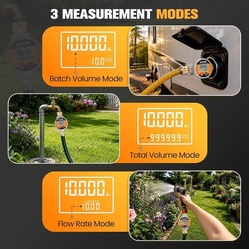 360° Water Flow Meter, Metal Flowmeter with 3/4" GHT Brass Connector for Garden Hose, RV, Pool, House, Lawn Sprinkler and Yard Watering, Supports Gallon, Liter, GPM, LPM, m³, QTS, PTS in Kuwait