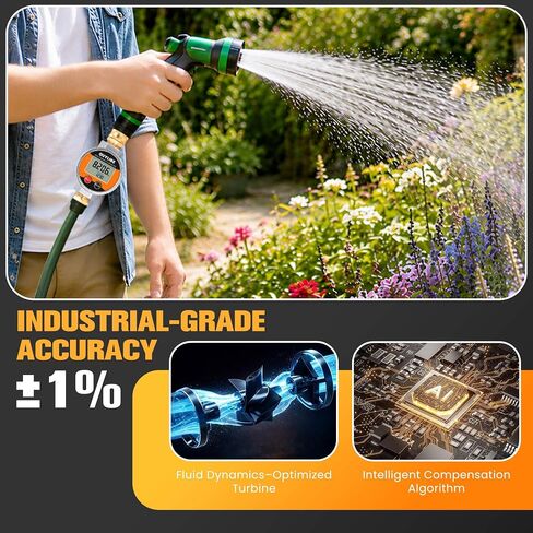 360° Water Flow Meter, Metal Flowmeter with 3/4" GHT Brass Connector for Garden Hose, RV, Pool, House, Lawn Sprinkler and Yard Watering, Supports Gallon, Liter, GPM, LPM, m³, QTS, PTS in Kuwait