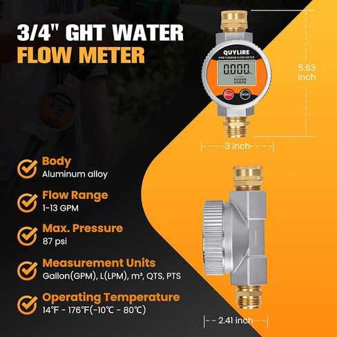 360° Water Flow Meter, Metal Flowmeter with 3/4" GHT Brass Connector for Garden Hose, RV, Pool, House, Lawn Sprinkler and Yard Watering, Supports Gallon, Liter, GPM, LPM, m³, QTS, PTS in Kuwait