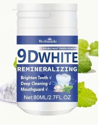 مسحوق أسنان 9DWhite لإعادة المعادن، نعناع مزدوج، أسنان مشرقة، تنظيف عميق، 2.7 أونصة سائلة in Kuwait