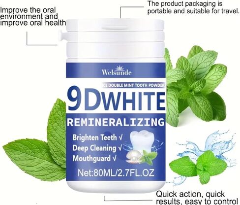 مسحوق أسنان 9DWhite لإعادة المعادن، نعناع مزدوج، أسنان مشرقة، تنظيف عميق، 2.7 أونصة سائلة in Kuwait