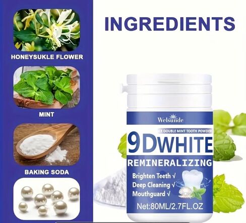 مسحوق أسنان 9DWhite لإعادة المعادن، نعناع مزدوج، أسنان مشرقة، تنظيف عميق، 2.7 أونصة سائلة in Kuwait