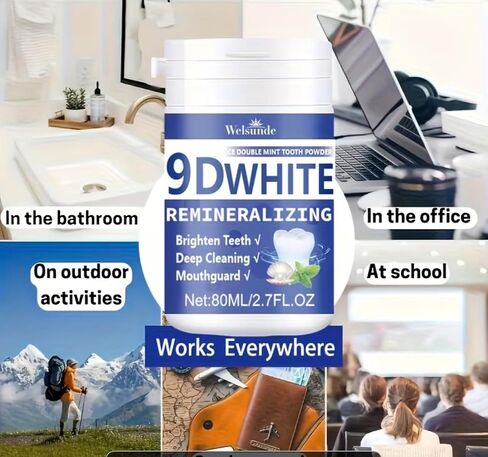 مسحوق أسنان 9DWhite لإعادة المعادن، نعناع مزدوج، أسنان مشرقة، تنظيف عميق، 2.7 أونصة سائلة in Kuwait