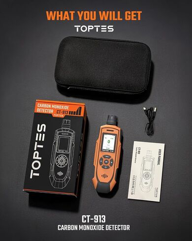 TOPTES CT-913 Portable Carbon Monoxide Detector, Rechargeable CO Detector with Upgraded Sensor, TFT Color Display with Triple Alarms, 0-1000PPM for Camping, Travel, Industrial & Professional Use in Kuwait