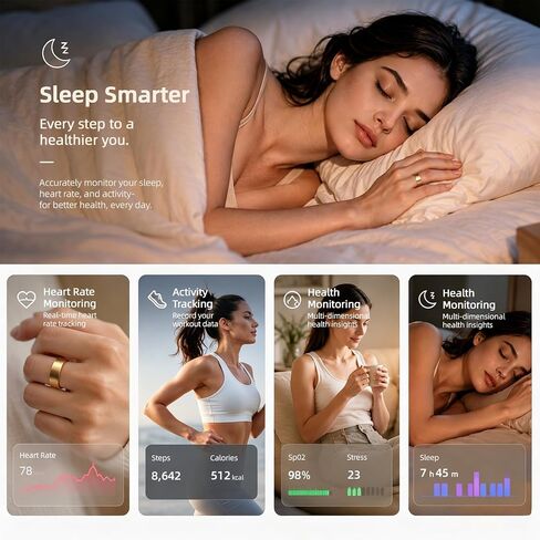 Smart Ring Health Ring Fitness Tracker with 24/7 Sleep Tracking Activity Tracker Step Counter Calorie Fitness Ring for Women & Men iOS & Android (Gold, 8) in Saudi Arabia