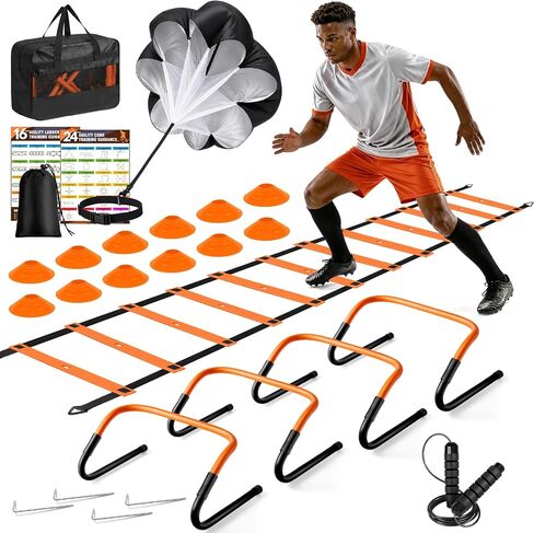 Agility Ladder, Soccer Football Training Equipment for Kids & Adults - 20ft Speed Ladder with 4 Hurdles, Parachute, Cones & Jump Rope, | Agility & Speed Training, Basketball & Football Accessories in Kuwait