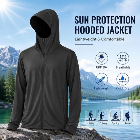 Men's UPF 50+ Lightweight Jacket Full Zip Sun Protection Hoodie Long Sleeve Hiking Fishing Sun Shirts with Pockets（Blue） in Kuwait