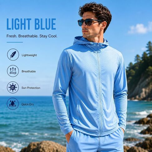 Men's UPF 50+ Lightweight Jacket Full Zip Sun Protection Hoodie Long Sleeve Hiking Fishing Sun Shirts with Pockets（Blue） in Kuwait