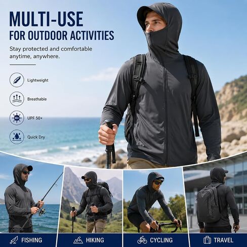 Men's UPF 50+ Lightweight Jacket Full Zip Sun Protection Hoodie Long Sleeve Hiking Fishing Sun Shirts with Pockets（Blue） in Kuwait