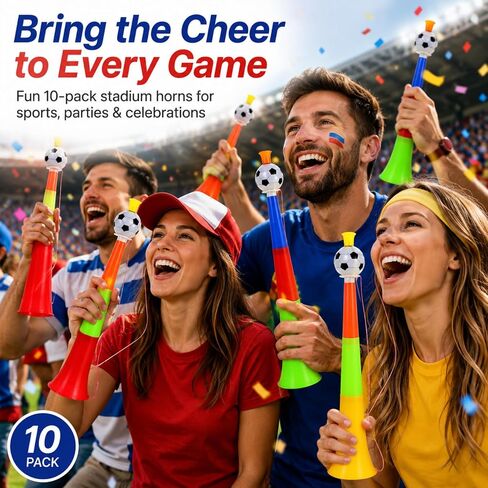jojofuny 10 Pack Soccer Stadium Horns, Colorful Plastic Football Cheering Noisemakers with Soccer Ball Top, Telescopic Vuvuzela Style Party Horns for Games, School Events and Parades in Kuwait