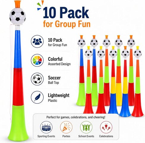 jojofuny 10 Pack Soccer Stadium Horns, Colorful Plastic Football Cheering Noisemakers with Soccer Ball Top, Telescopic Vuvuzela Style Party Horns for Games, School Events and Parades in Kuwait