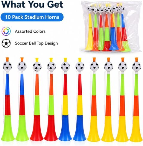 jojofuny 10 Pack Soccer Stadium Horns, Colorful Plastic Football Cheering Noisemakers with Soccer Ball Top, Telescopic Vuvuzela Style Party Horns for Games, School Events and Parades in Kuwait