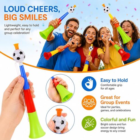 jojofuny 10 Pack Soccer Stadium Horns, Colorful Plastic Football Cheering Noisemakers with Soccer Ball Top, Telescopic Vuvuzela Style Party Horns for Games, School Events and Parades in Kuwait