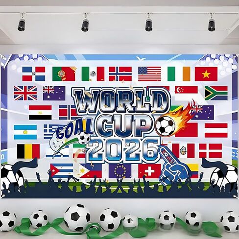 ديكور معلق على الحائط لكأس العالم 2026، لافتة حفلات كأس العالم 2026 مع أعلام دولية وتصميم كرة القدم، ملصق قماشي للمنزل، البار، احتفال كهف مشجعي كرة القدم in Kuwait