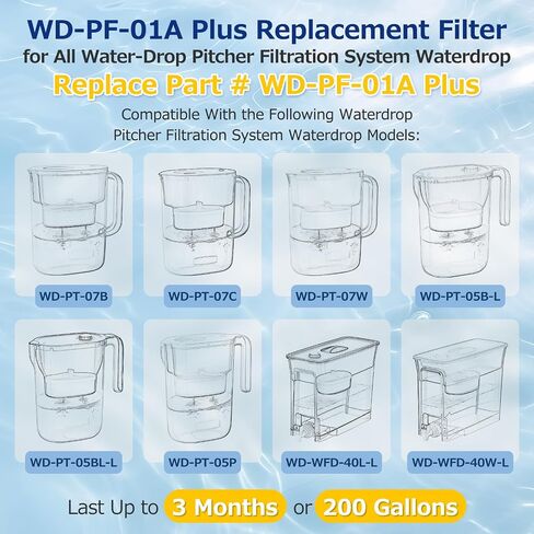 4 Pack WD-PF-01A Plus Replacement Filter for All Water-Drop Pitcher Filtration System, Compatible with Water-Drop WD-PF-01A Plus, Reduces PFOA/PFOS, Chlorine, Last Up to 3 Months or 200 Gallons, White in Kuwait