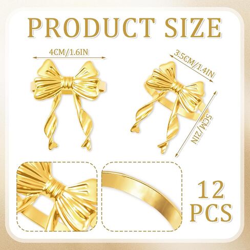 JarThenaAMCS 12 قطعة الذهب القوس منديل الدائري المعادن Bowknot أصحاب المناديل لطاولة العشاء الزفاف استحمام الطفل ديكور للطاولات in Kuwait