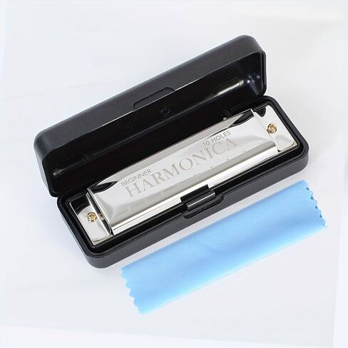 10 Hole C Tone Harmonica with Cleaning Cloth, Portable Wind Instrument for Daily Practice Stage Performance Travel, Silver Diatonic Harmonica for Beginners Professionals in Kuwait