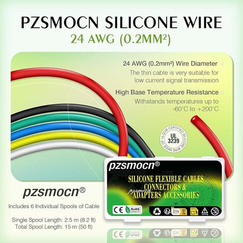 24 AWG 0.2 مم² سلك سيليكون 50 قدم / 15 متر مرن 24 مقياس مجموعة كابلات نحاسية معلب كهربائية، 8.2 قدم / 2.5 متر لكل 6 ألوان، DIY DC/AC، RC بدون طيار، نماذج السيارات، المصابيح، المحرك in Kuwait