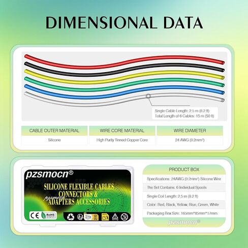 24 AWG 0.2 مم² سلك سيليكون 50 قدم / 15 متر مرن 24 مقياس مجموعة كابلات نحاسية معلب كهربائية، 8.2 قدم / 2.5 متر لكل 6 ألوان، DIY DC/AC، RC بدون طيار، نماذج السيارات، المصابيح، المحرك in Kuwait