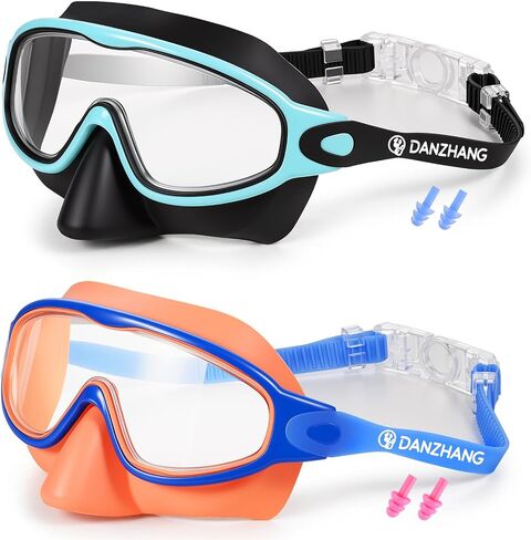 DANZHANG 2 Pack Kids Swim Goggles with Nose Cover,Anti-Fog UV Protection 180° Wide View Swimming Goggles for 3-14 in Kuwait