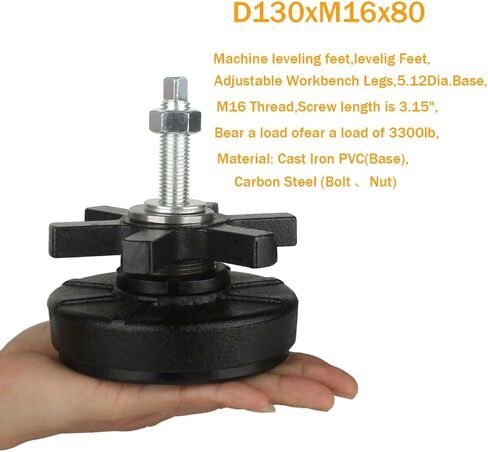 Heavy Duty Leveling feet,5.12" Dia Base,M16 Thread,1 Pcs | 3300 lb Capacity ,Leg Leveler for Workbench, Machine Devices, Cabinet,Furniture(D130xM16x80,Black) in Kuwait