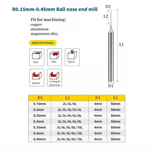 3pcs 0.15mm-0.4mm Tungsten Steel Ball Nose 2 Flutes End Mills Micro-Diameter Carbide End Mill High Precision Engraving Milling Cutter CNC Router Bits for PCB Machine Aluminum (R0.35x6xD4x50) in Kuwait
