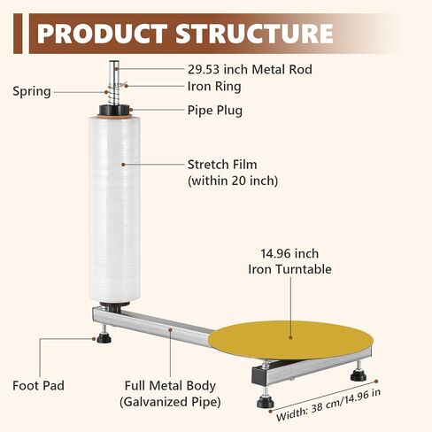 Manual Table Stretch Film Dispenser Wrapping Machine with 15-inch Iron Turntable for 12-20" Stretch Wrap Rolls, Manual Pallet Wrapper Bench for Small Business Packaging, Shipping & Warehousing in Kuwait