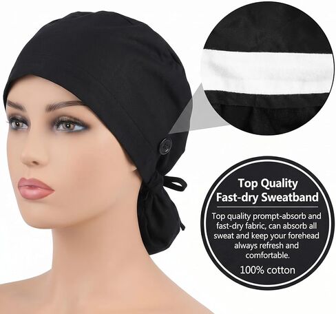 Satin Lined Scrub Cap for Women Adjustable Working Cap with Button Back Ponytail Hair Surgical Nurse Hat with Sweatband Elastic Tie in Kuwait