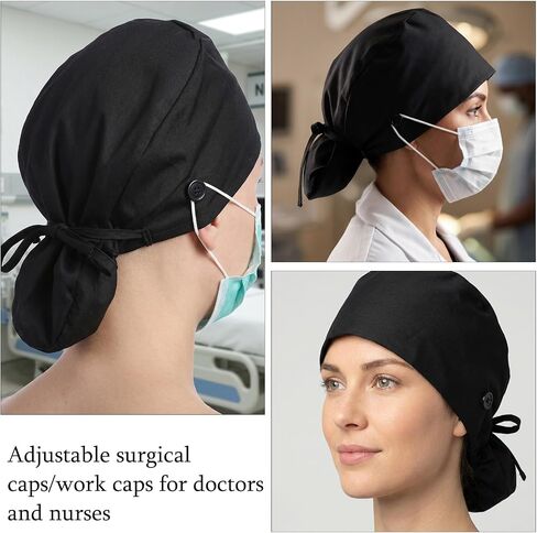 Satin Lined Scrub Cap for Women Adjustable Working Cap with Button Back Ponytail Hair Surgical Nurse Hat with Sweatband Elastic Tie in Kuwait