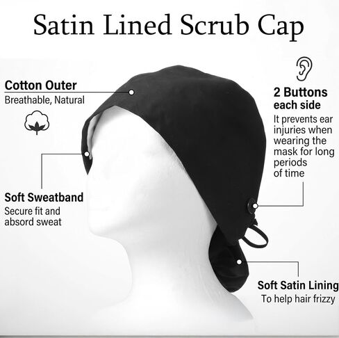 Satin Lined Scrub Cap for Women Adjustable Working Cap with Button Back Ponytail Hair Surgical Nurse Hat with Sweatband Elastic Tie in Kuwait