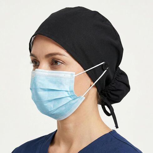 Satin Lined Scrub Cap for Women Adjustable Working Cap with Button Back Ponytail Hair Surgical Nurse Hat with Sweatband Elastic Tie in Kuwait
