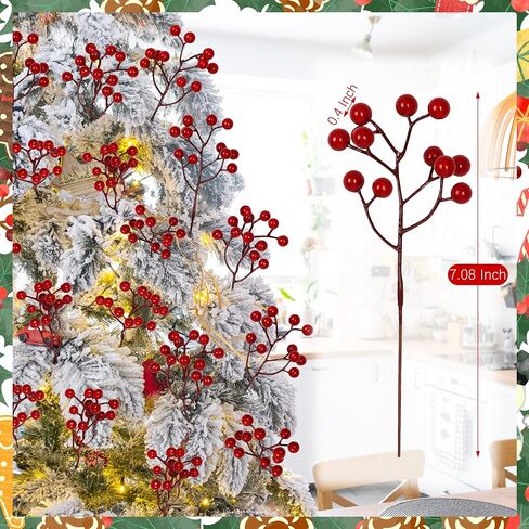 24 PCS Christmas Tree Decorations, 7.08 in Red Berry Stem, Artificial Berry Picks Floral Pick for Wreath, Burgundy Holly Berries Branches Christmas Decor for Flowers DIY Garland in Saudi Arabia