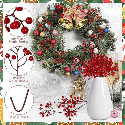 24 PCS Christmas Tree Decorations, 7.08 in Red Berry Stem, Artificial Berry Picks Floral Pick for Wreath, Burgundy Holly Berries Branches Christmas Decor for Flowers DIY Garland in Saudi Arabia