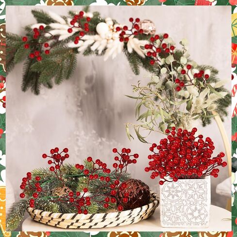 24 PCS Christmas Tree Decorations, 7.08 in Red Berry Stem, Artificial Berry Picks Floral Pick for Wreath, Burgundy Holly Berries Branches Christmas Decor for Flowers DIY Garland in Saudi Arabia
