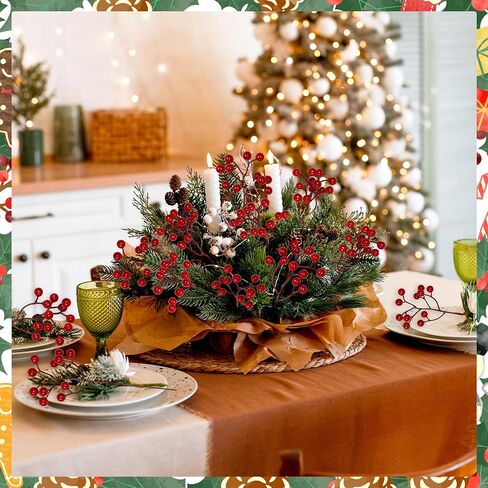 24 PCS Christmas Tree Decorations, 7.08 in Red Berry Stem, Artificial Berry Picks Floral Pick for Wreath, Burgundy Holly Berries Branches Christmas Decor for Flowers DIY Garland in Saudi Arabia