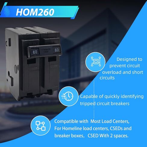HOM260 60-Amp 2-Pole Circuit Breaker - Compatible with Most Load Centers, CSEDs, and SD HOM Load Centers, Rated 120/240 VAC, 10kA, Plug-in Mount, Visi-Trip Indicator in Kuwait