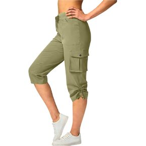Women's Cargo Capris Pants Loose Fit Casual Hiking Pants Drawstring High Waist Summer Travel Pants with Pockets in Kuwait