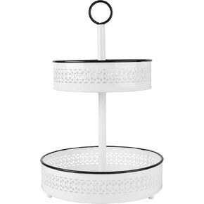 سلة Mikasa Gourmet Basics Eden المكونة من طبقتين، باللون الأبيض مع لمسات سوداء، سلة تخزين على سطح الطاولة من الحديد بنمط مثقوب، بطول 16.5 بوصة، وقطر 10 بوصة in Kuwait