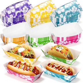 Nitial 120 صواني حفلات الكركديه الورقية هوت دوج للاستعمال مرة واحدة من Luau Party Food Nacho Boats هاواي هوت دوج حاملات ديكورات 7 بوصات صينية هاواي لمستلزمات الكركديه الاستوائية in Kuwait