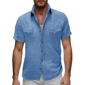 Linen Shirts for Men Beach Vacation Short Sleeve Casual Cotton Tops Button Down Collar Shirt Summer Fashion Clothes in Saudi Arabia