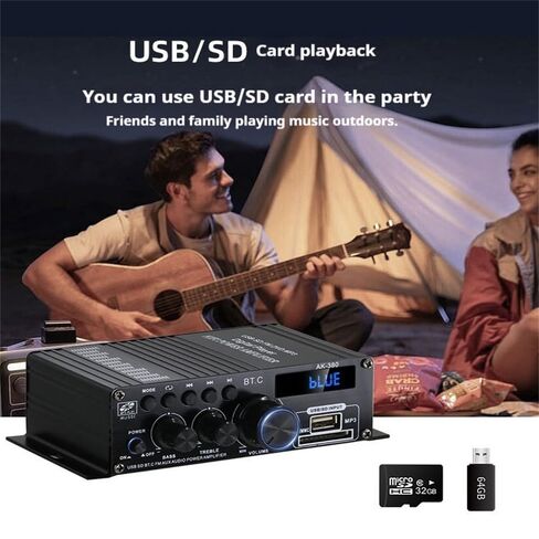 AK-380 بلوتوث 5.0 مضخم صوت منزلي، بحد أقصى 400 وات + 400 وات 2.0 قناة هاي فاي ستيريو مع مصدر طاقة 12 فولت 5 أمبير، جهاز استقبال لاسلكي مع USB SD BT.C FM AUX لمرآب السيارة المنزلي in Kuwait