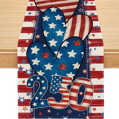 4th of July Table Runner, 250 Anniversary USA Table Runner Blue Red America Heart Stars Memorial Day Patriotic Decorations 250th Anniversary Merchandise Home Party Decor Table Decorations 13x72 Inch in Kuwait