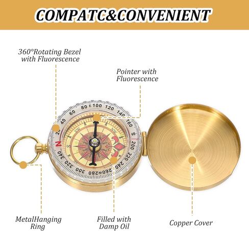 Brass Compass for Hiking, Pocket Compass with Keychain Loop Gold | Large Dial, Pocket Compass, Keychain Loop, Camping Survival Navigation Tool, For Teen Scouts Men Outdoor in Kuwait
