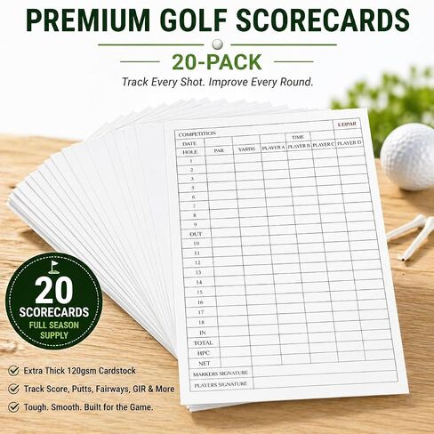 Premium Golf Scorecards 20/40 Pack | Extra Thick 120gsm Cardstock Score Keeper with Shot Tracking | Track Putts, Fairways, GIR & Score | Standard 3.9"x5.9" Size Fits Most Holders & Cart Clips (20) in Kuwait